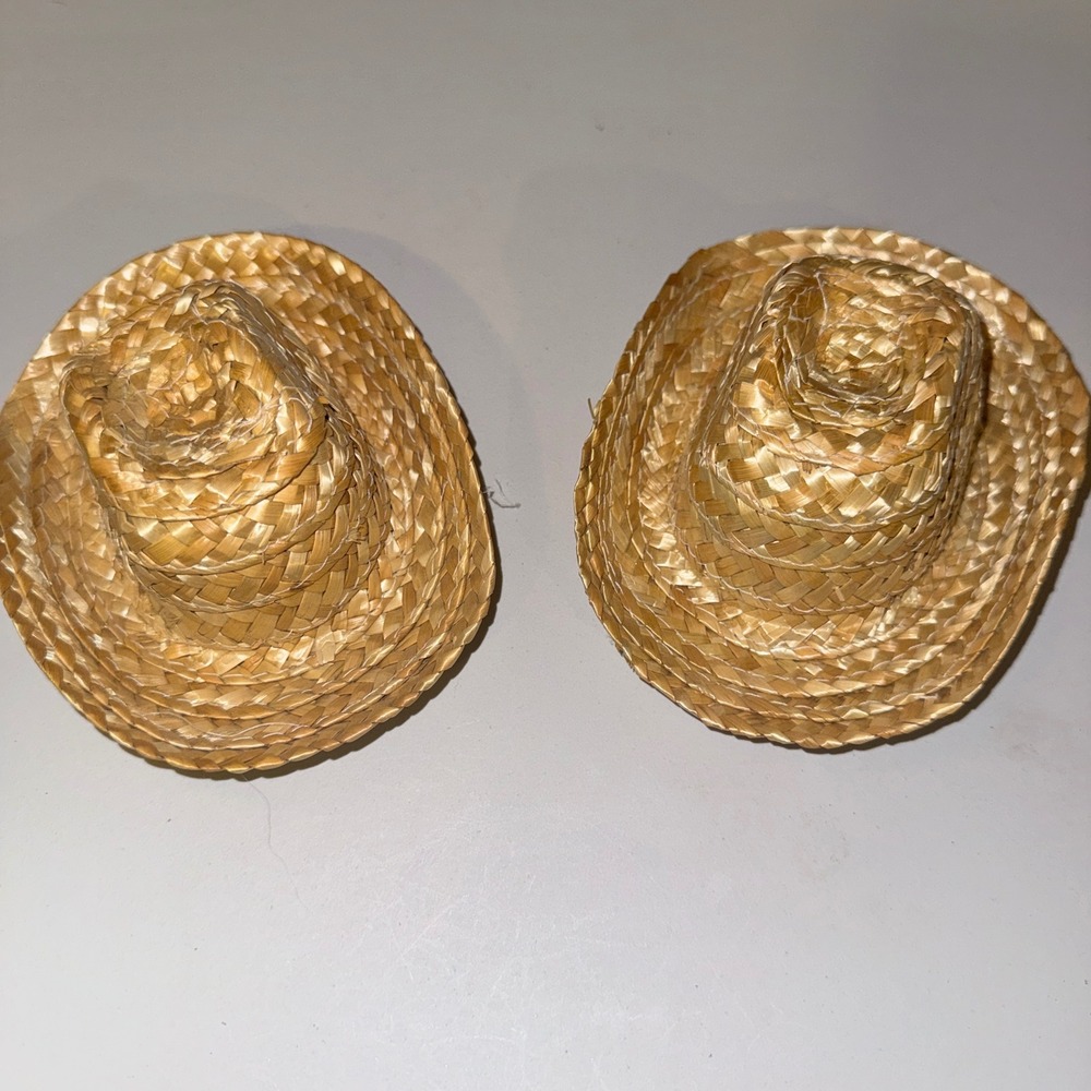 Miniature Straw Cowboy Hat Set of 2 Tan Western Doll Pet Accessory 5.25 Inch